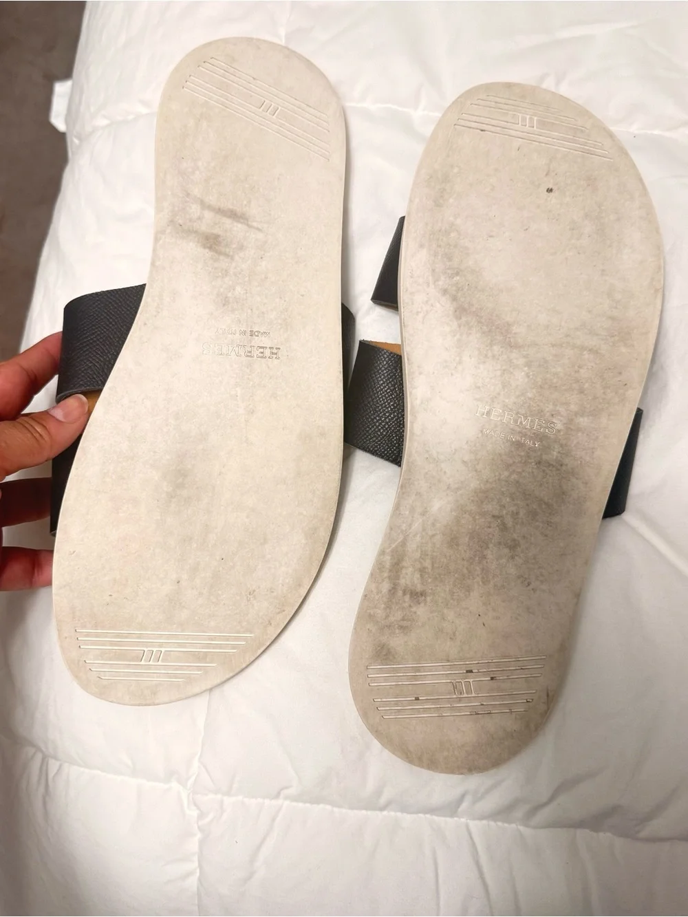 Hermes Men's Dark Gray Double-Band Slide Sandals with White Sole